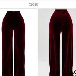 Red velour high waisted, wide legged pant
